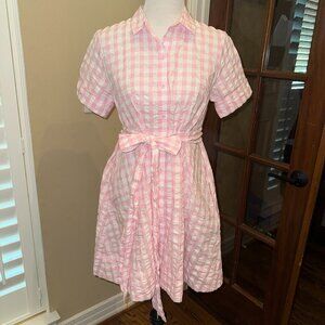 Marie Fernandez Seersucker Gingham Pink Shirt Dress